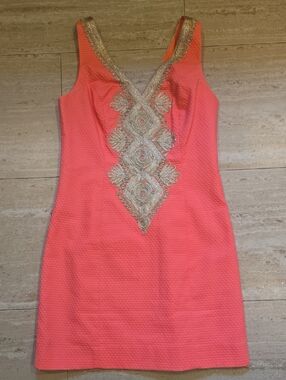 Lilly Pulitzer Coral Reef Pink Junie Shift Dress With Golden Metallic Accent